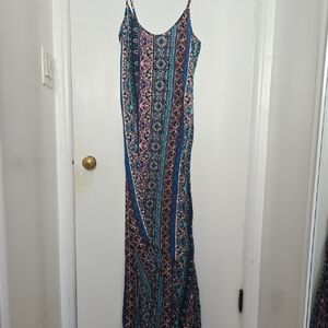 Boho Patterned Maxi Dress in Blue and Pink Size M